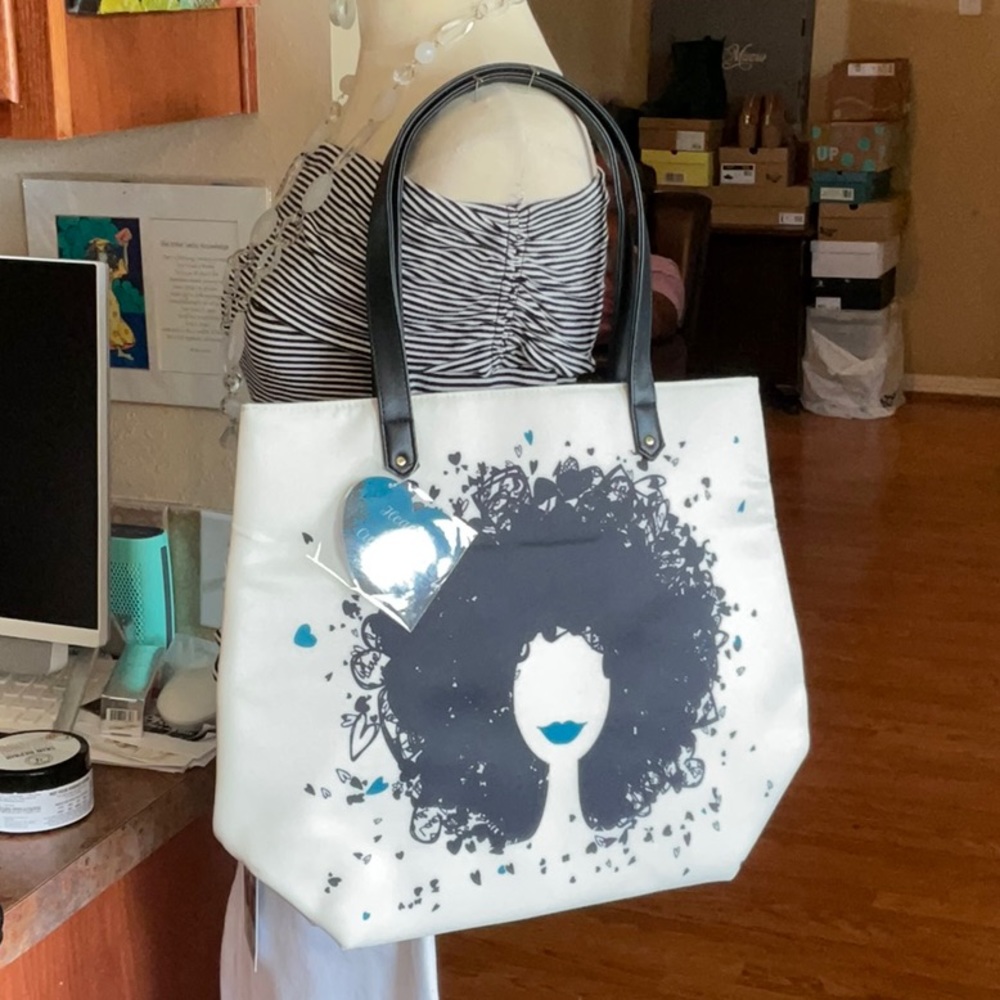 Hearts & Curls Cream/Black/Teal Tote Bag, NWT